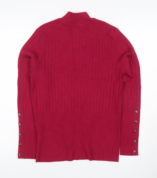 M&S Womens Red UK 10 Ribbed Roll Neck Button Hem Knit Jumper