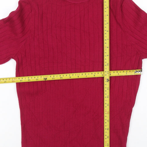 M&S Womens Red UK 10 Ribbed Roll Neck Button Hem Knit Jumper