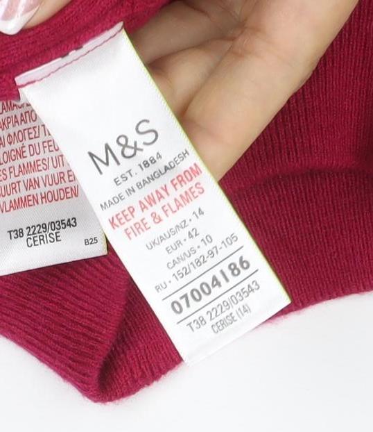 M&S Womens Red UK 10 Ribbed Roll Neck Button Hem Knit Jumper