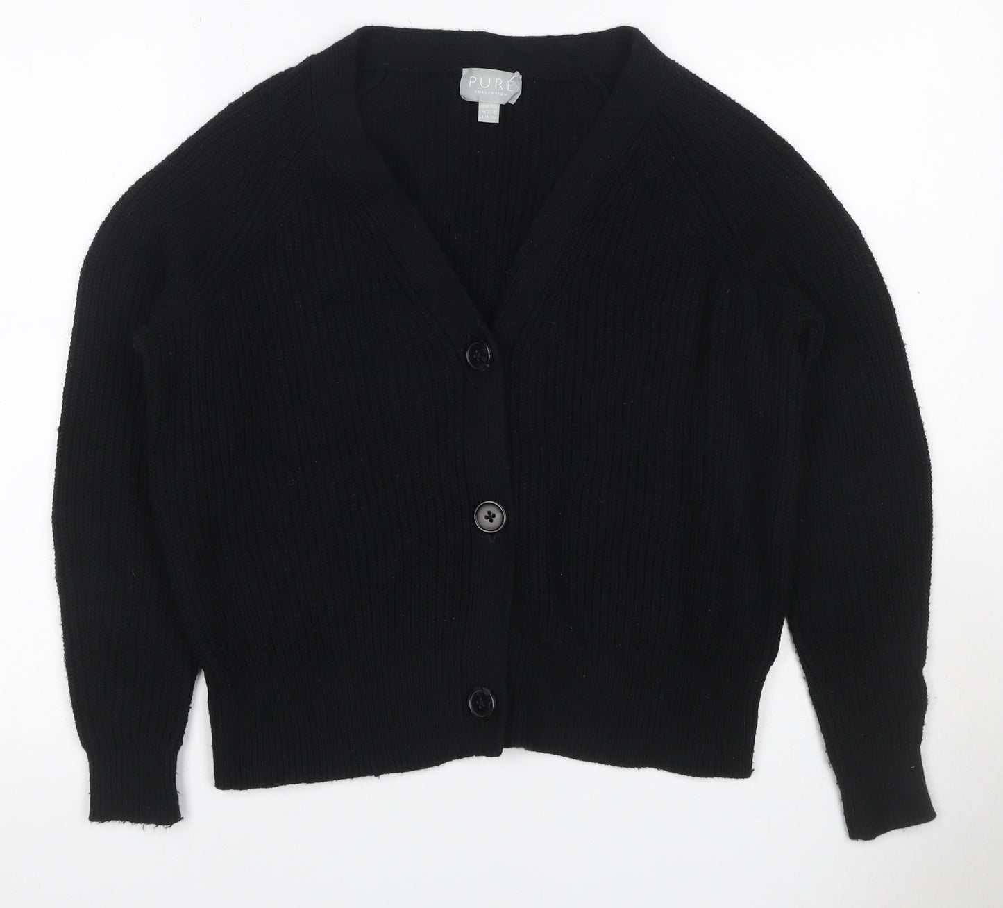 Pure Collection Women Black UK 10 Rib Knit V-Neck Wool Blend Cardigan