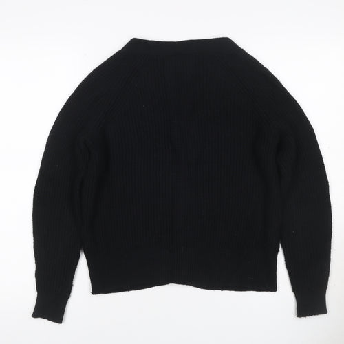 Pure Collection Women Black UK 10 Rib Knit V-Neck Wool Blend Cardigan