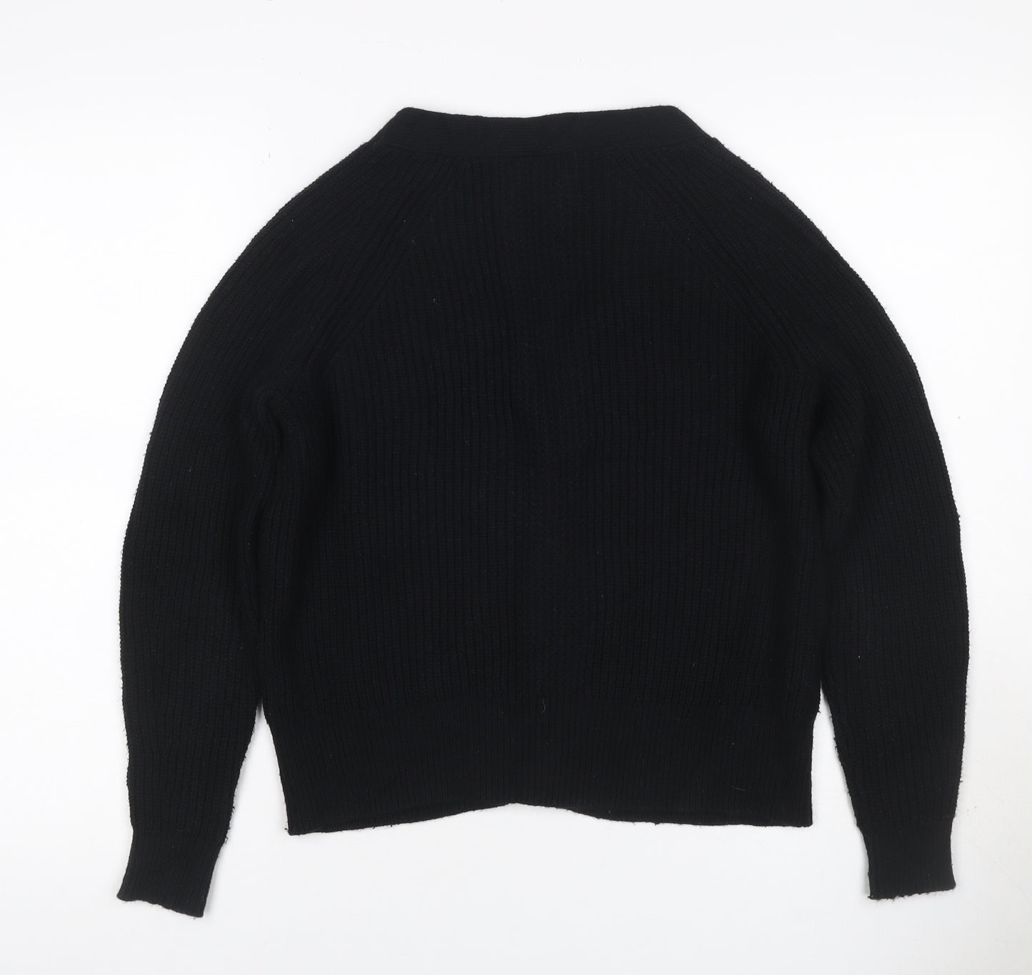 Pure Collection Women Black UK 10 Rib Knit V-Neck Wool Blend Cardigan