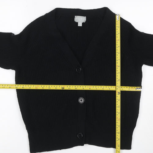 Pure Collection Women Black UK 10 Rib Knit V-Neck Wool Blend Cardigan