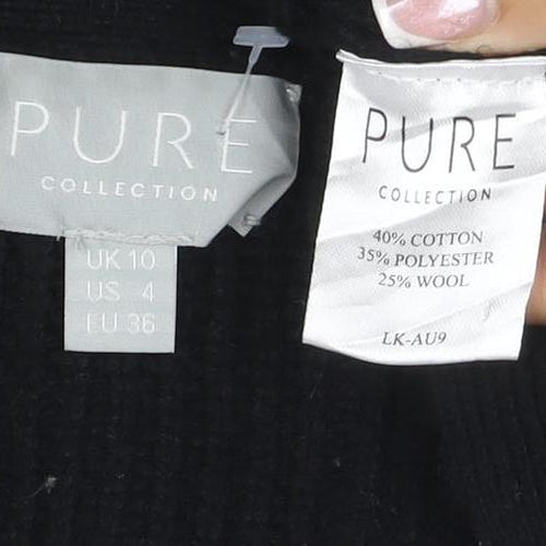 Pure Collection Women Black UK 10 Rib Knit V-Neck Wool Blend Cardigan