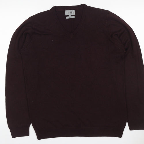 Marks and Spencer Men Brown M V-Neck Cashmilon Acrylic Knit Pullover Jumper