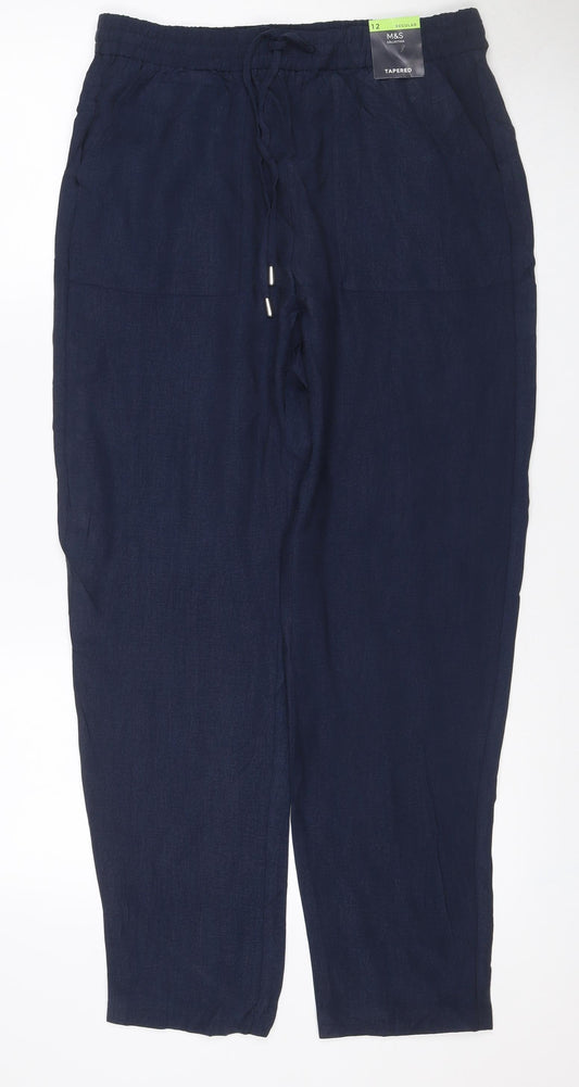 Marks & Spencer Women's Navy Blue UK 12 Regular Tapered Lyocell Trousers