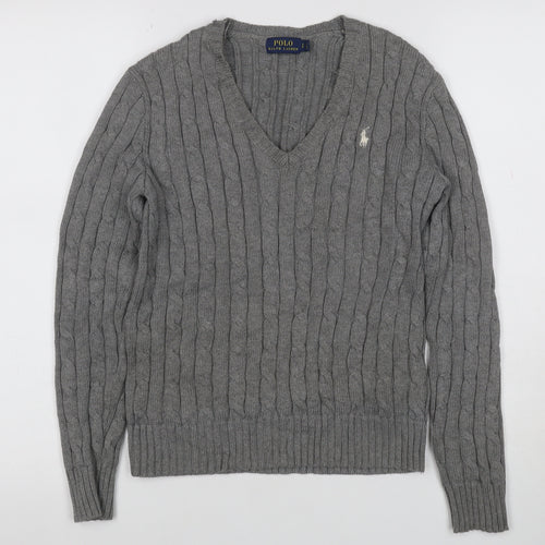 Polo Ralph Lauren Women Grey S Cable Knit V-Neck Cotton Jumper