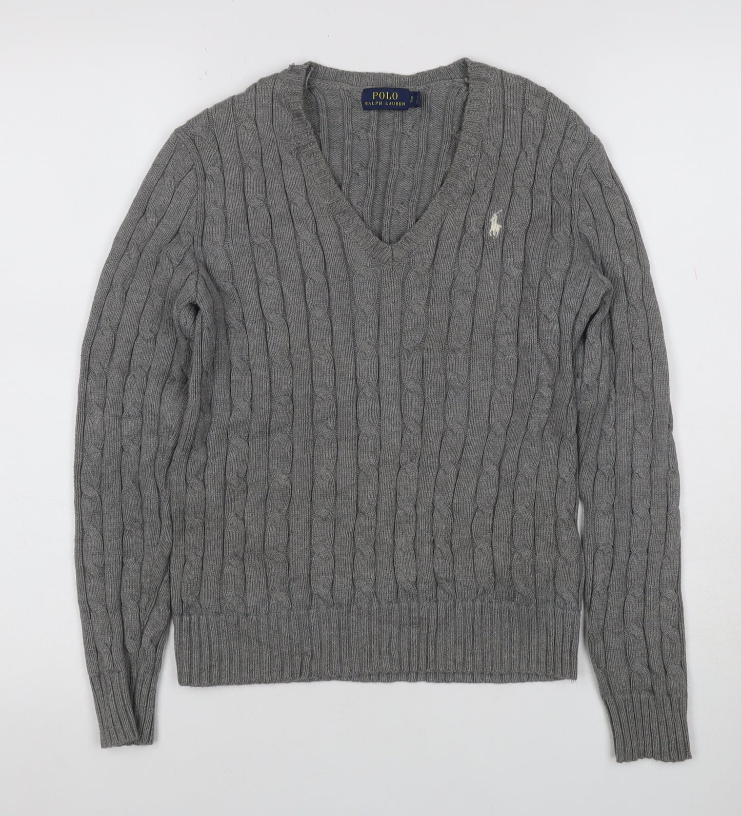 Polo Ralph Lauren Women Grey S Cable Knit V-Neck Cotton Jumper