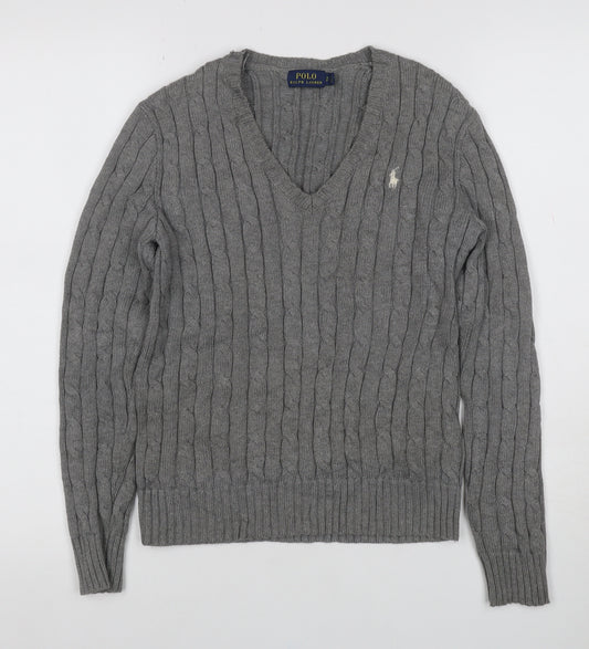 Polo Ralph Lauren Women Grey S Cable Knit V-Neck Cotton Jumper