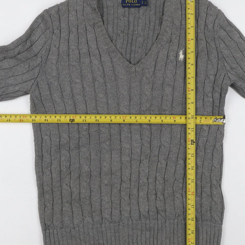 Polo Ralph Lauren Women Grey S Cable Knit V-Neck Cotton Jumper
