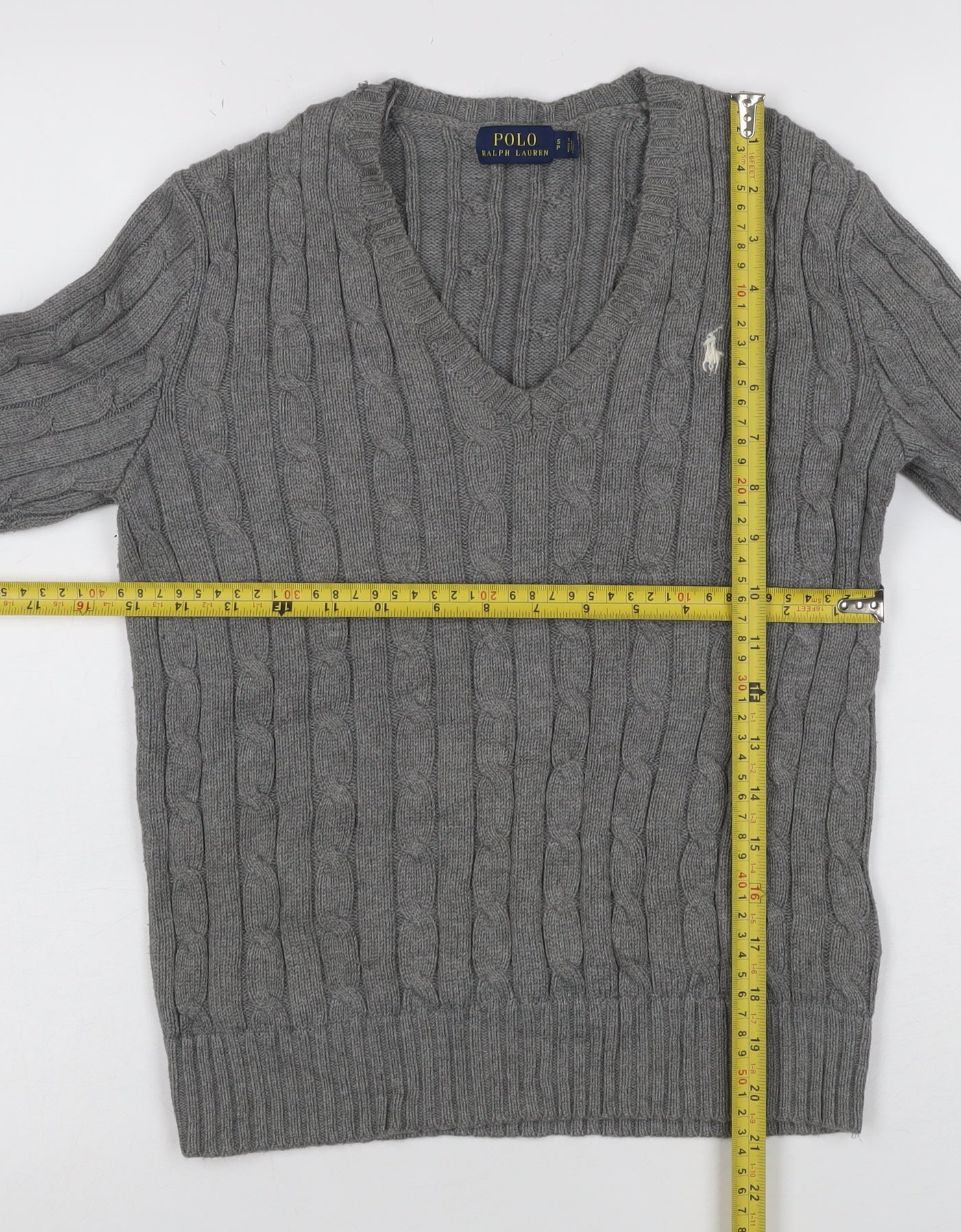 Polo Ralph Lauren Women Grey S Cable Knit V-Neck Cotton Jumper