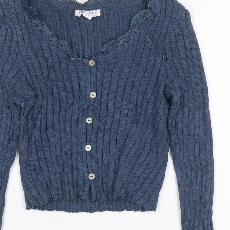 Topshop Women Blue UK 8 Rib Knit Lace Trim V-Neck Button Cardigan