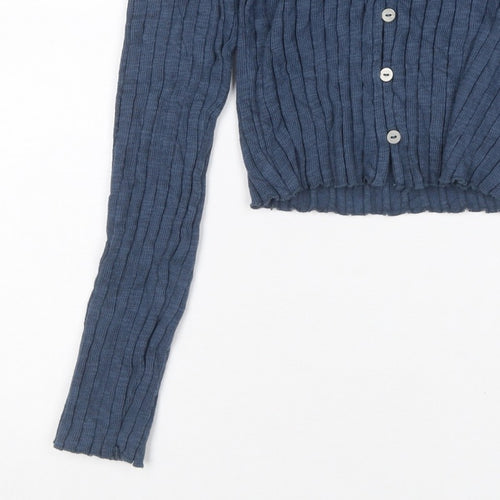 Topshop Women Blue UK 8 Rib Knit Lace Trim V-Neck Button Cardigan
