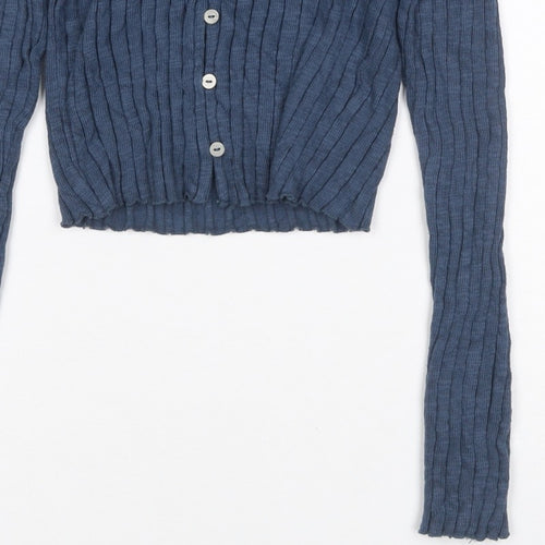 Topshop Women Blue UK 8 Rib Knit Lace Trim V-Neck Button Cardigan