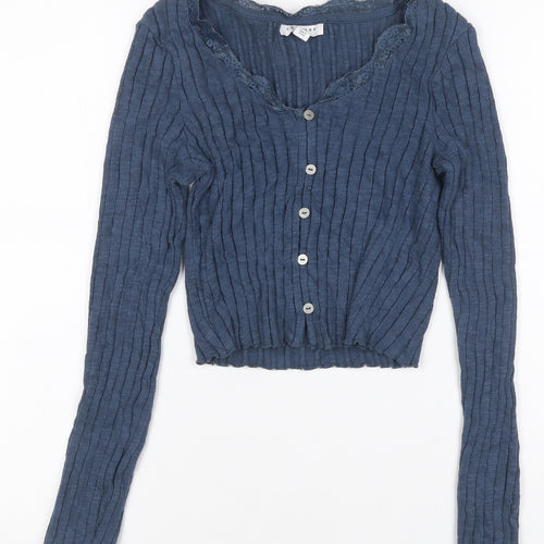 Topshop Women Blue UK 8 Rib Knit Lace Trim V-Neck Button Cardigan