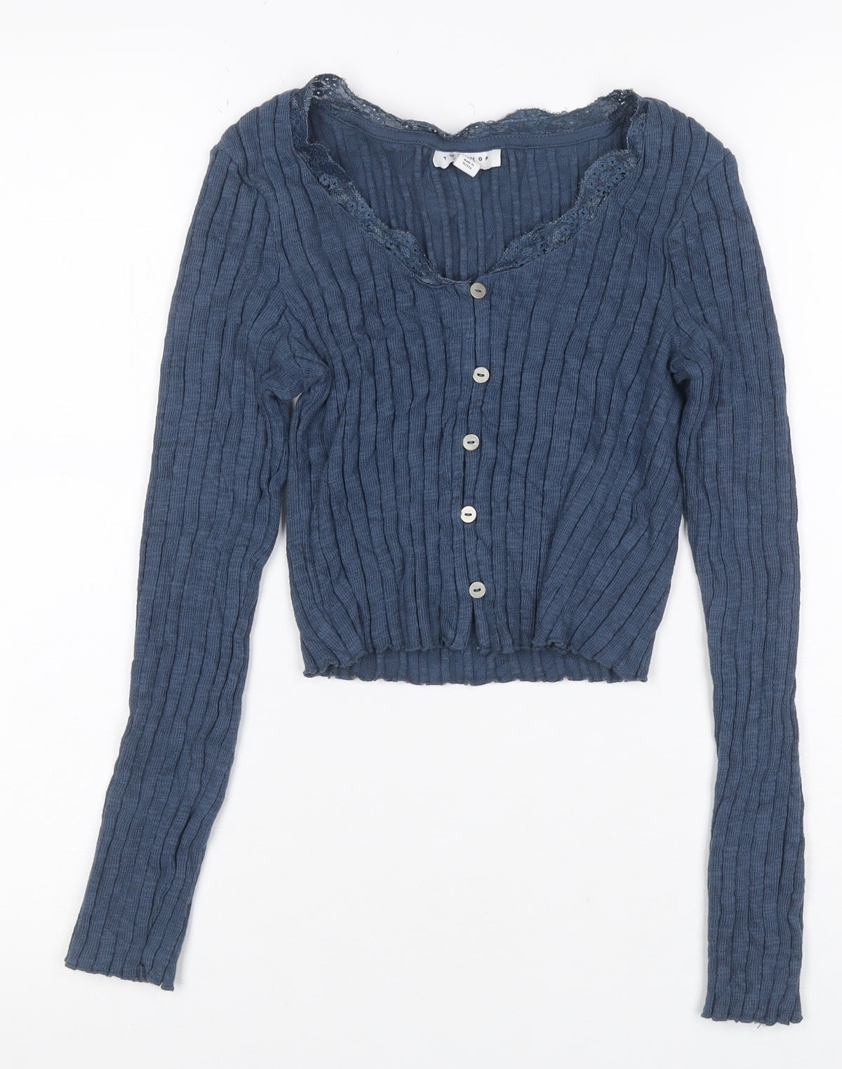 Topshop Women Blue UK 8 Rib Knit Lace Trim V-Neck Button Cardigan