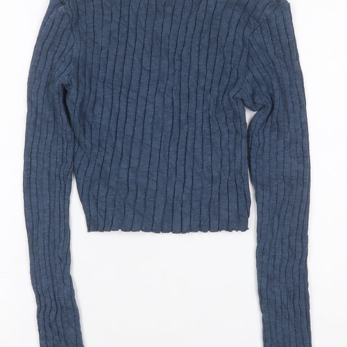 Topshop Women Blue UK 8 Rib Knit Lace Trim V-Neck Button Cardigan