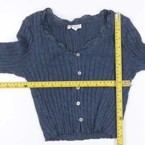 Topshop Women Blue UK 8 Rib Knit Lace Trim V-Neck Button Cardigan