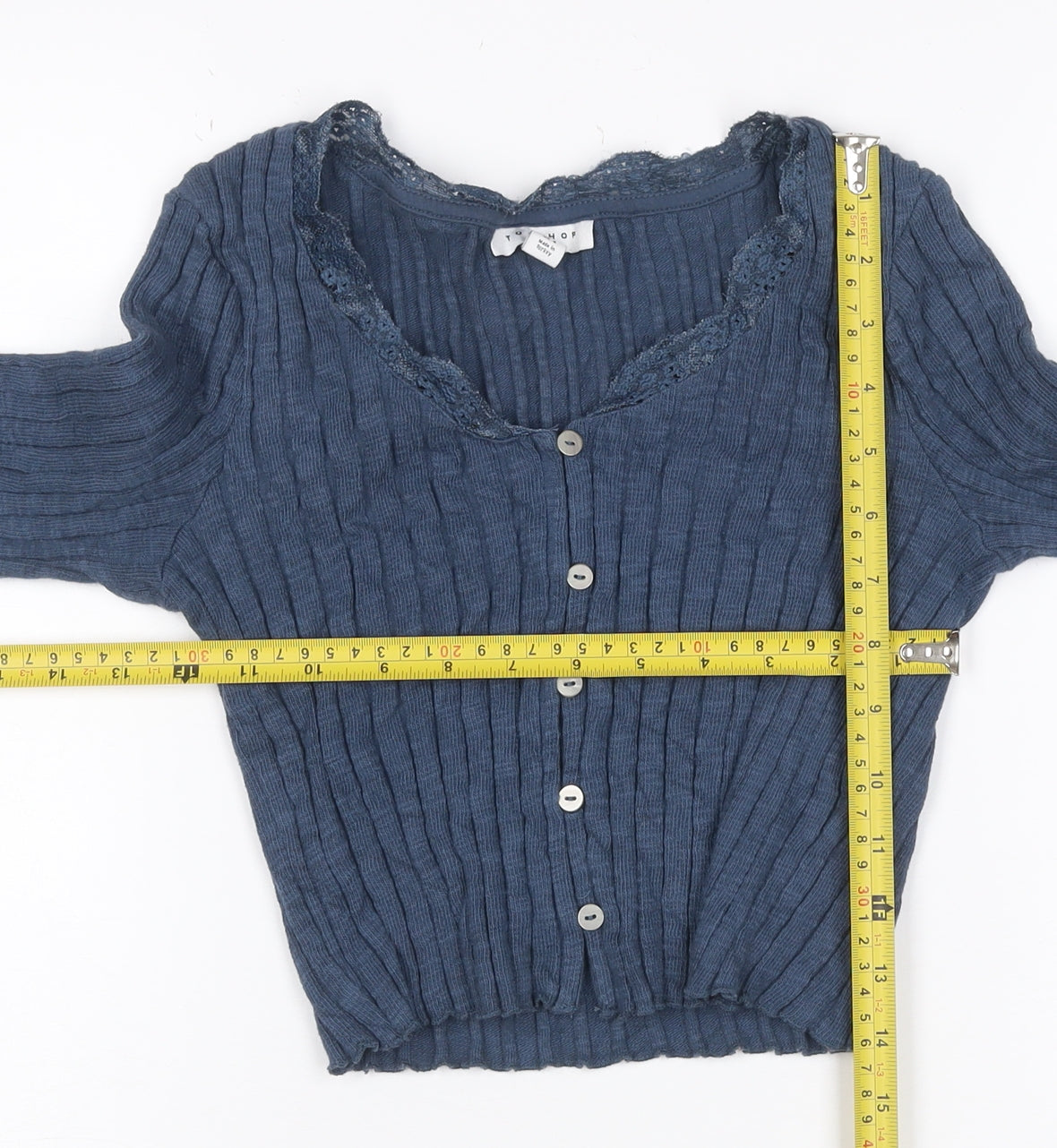 Topshop Women Blue UK 8 Rib Knit Lace Trim V-Neck Button Cardigan