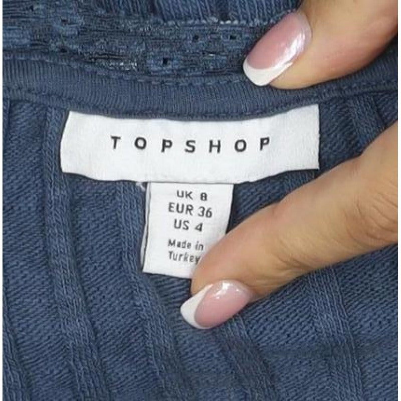 Topshop Women Blue UK 8 Rib Knit Lace Trim V-Neck Button Cardigan