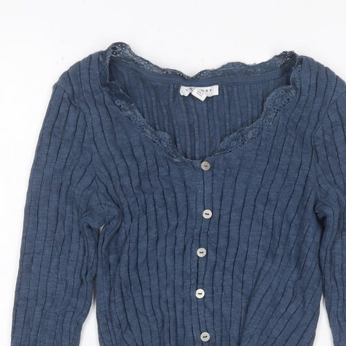 Topshop Women Blue UK 8 Rib Knit Lace Trim V-Neck Button Cardigan