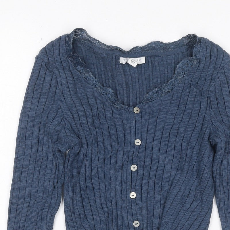 Topshop Women Blue UK 8 Rib Knit Lace Trim V-Neck Button Cardigan