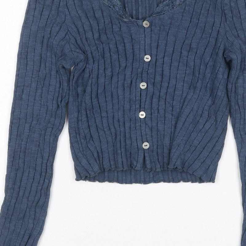 Topshop Women Blue UK 8 Rib Knit Lace Trim V-Neck Button Cardigan