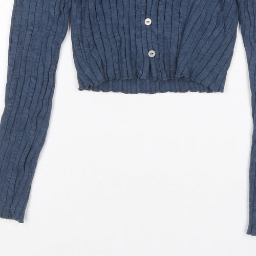 Topshop Women Blue UK 8 Rib Knit Lace Trim V-Neck Button Cardigan