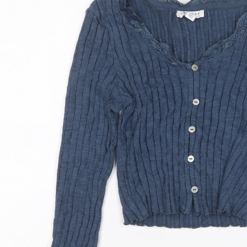 Topshop Women Blue UK 8 Rib Knit Lace Trim V-Neck Button Cardigan