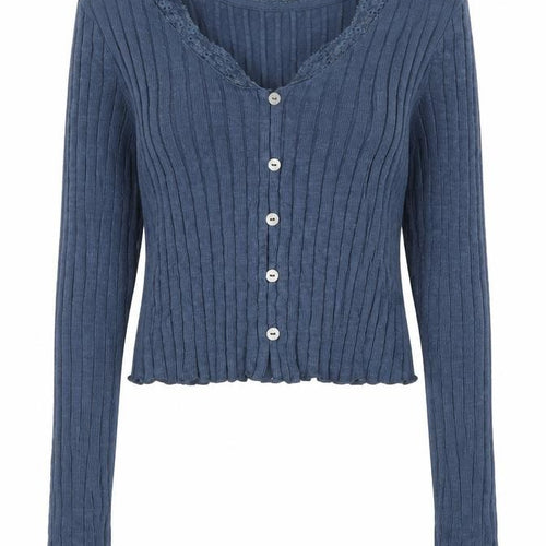 Topshop Women Blue UK 8 Rib Knit Lace Trim V-Neck Button Cardigan