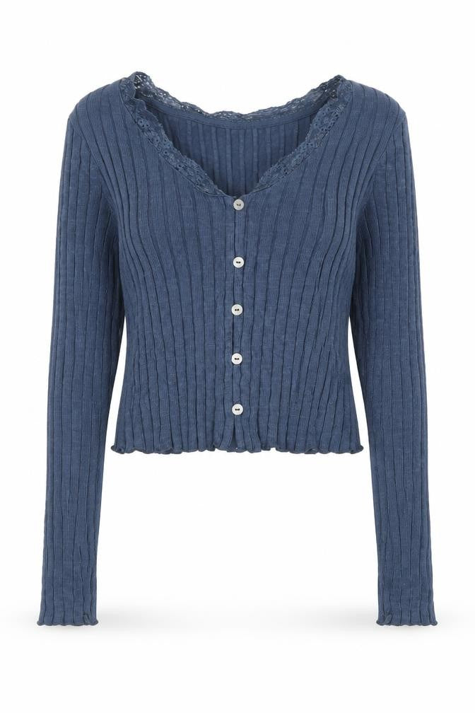 Topshop Women Blue UK 8 Rib Knit Lace Trim V-Neck Button Cardigan
