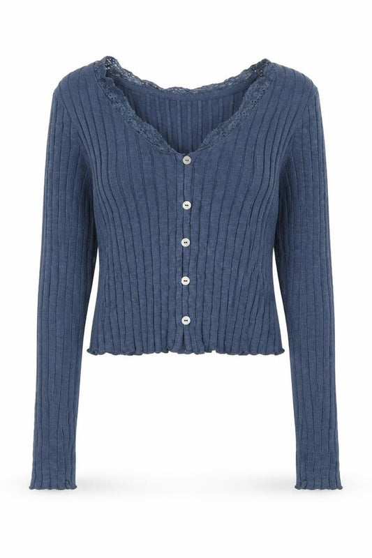 Topshop Women Blue UK 8 Rib Knit Lace Trim V-Neck Button Cardigan