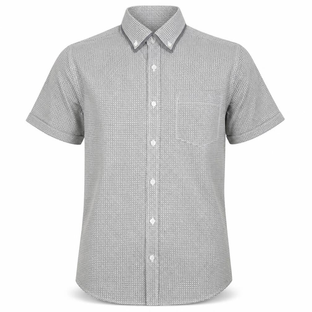 Front view of Thomas Nash Men’s Grey Geometric Short Sleeve Button-Up Shirt S