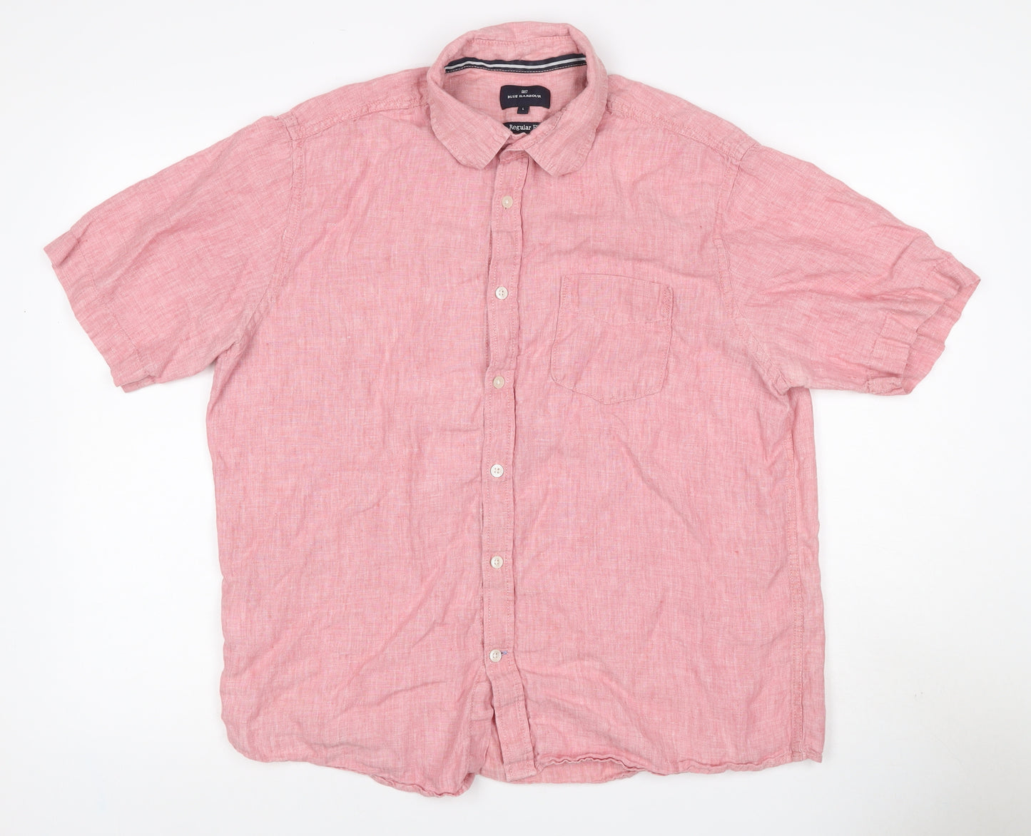 Blue Harbour Men Pink Linen Shirt L Regular Fit Short Sleeve