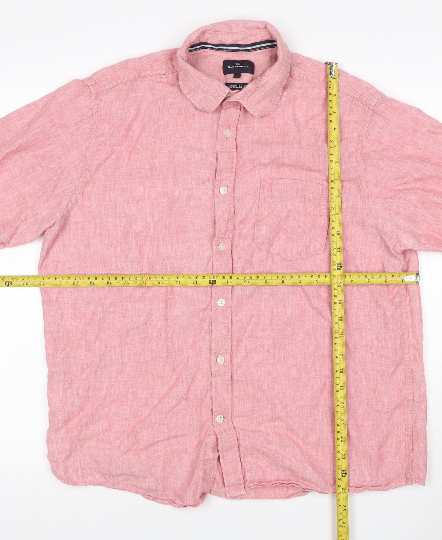 Blue Harbour Men Pink Linen Shirt L Regular Fit Short Sleeve