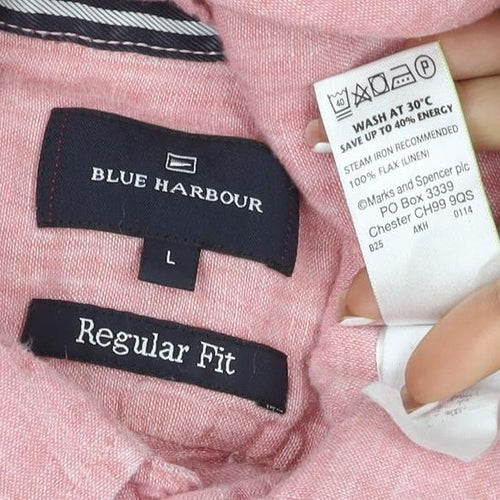 Blue Harbour Men Pink Linen Shirt L Regular Fit Short Sleeve