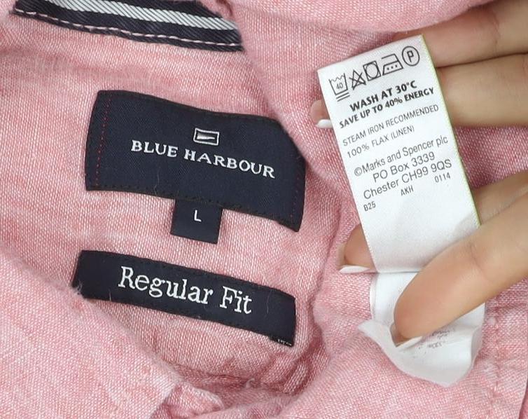 Blue Harbour Men Pink Linen Shirt L Regular Fit Short Sleeve