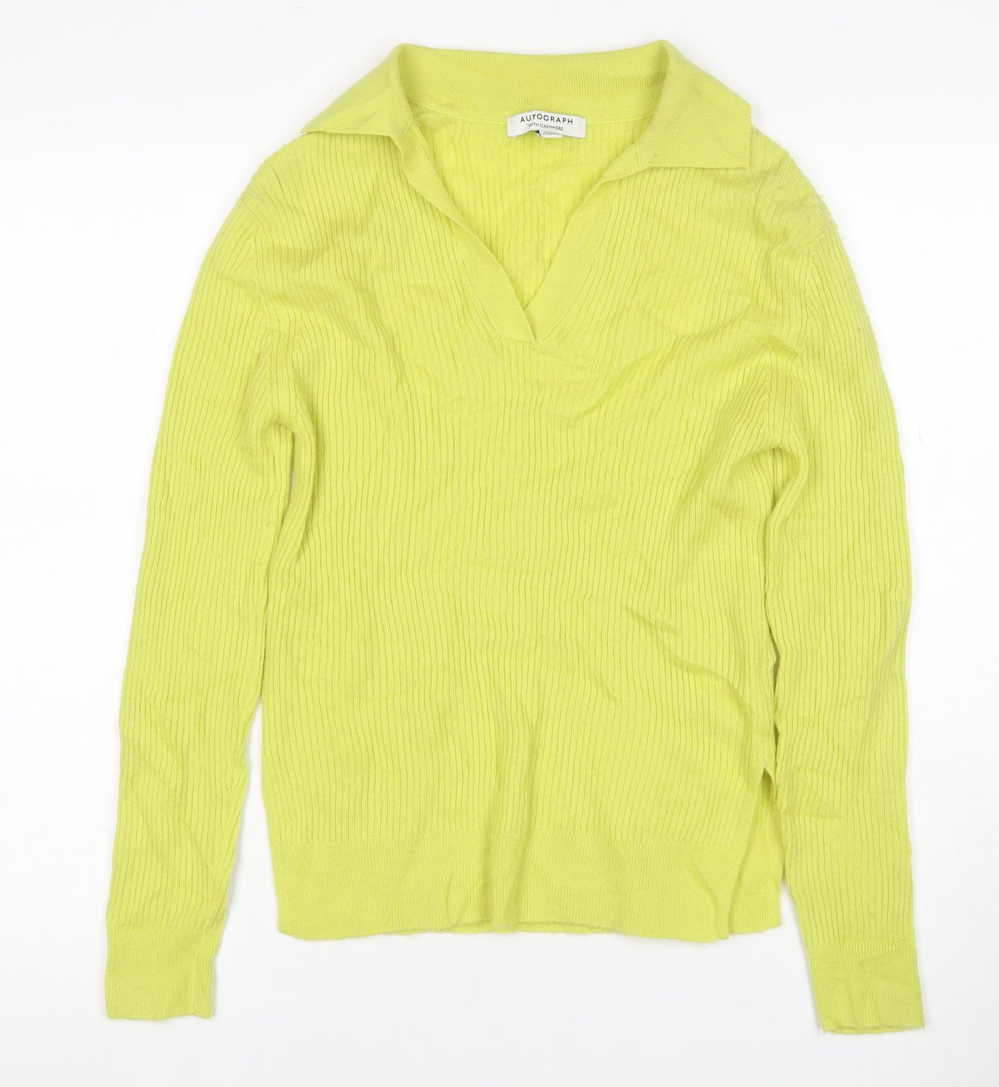Autograph Women Yellow XS 100% Cashmere Ribbed Collared V-Neck Jumper