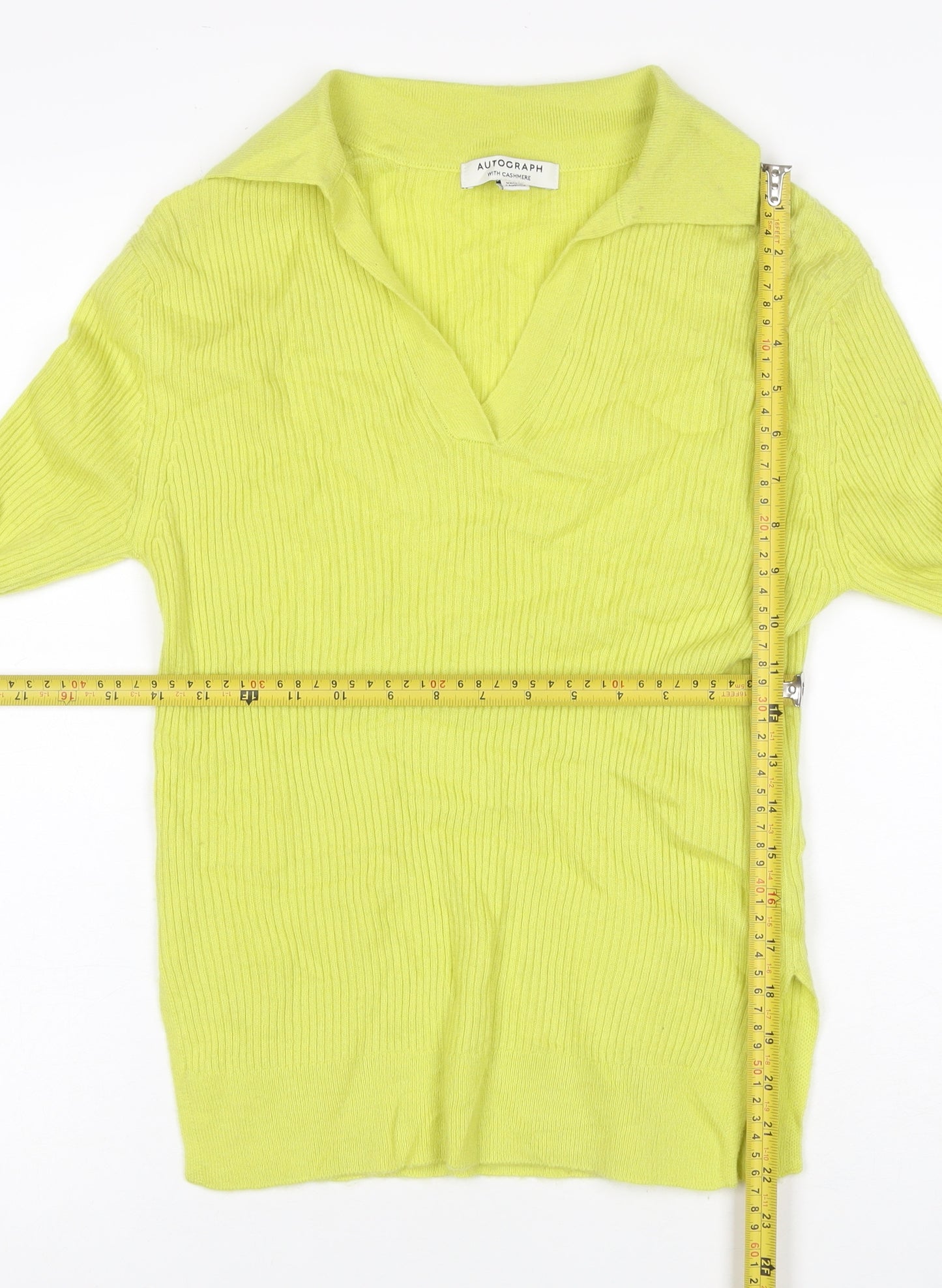 Autograph Women Yellow XS 100% Cashmere Ribbed Collared V-Neck Jumper
