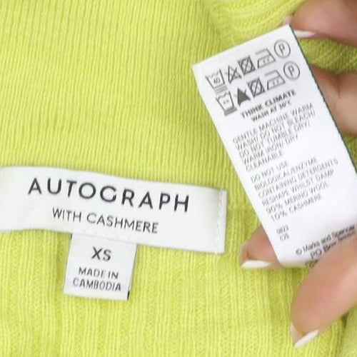 Autograph Women Yellow XS 100% Cashmere Ribbed Collared V-Neck Jumper