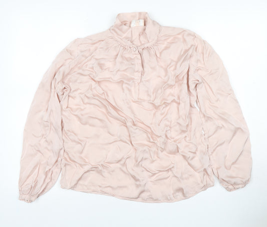 Chort Women Pink S Ruffle High Neck Long Sleeve Viscose Blouse