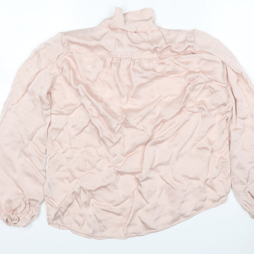Chort Women Pink S Ruffle High Neck Long Sleeve Viscose Blouse