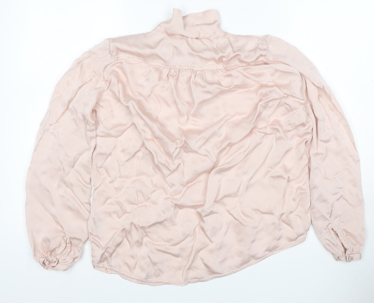 Chort Women Pink S Ruffle High Neck Long Sleeve Viscose Blouse