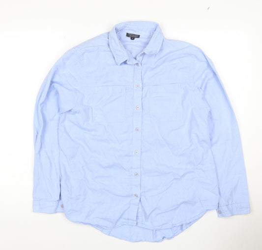 Topshop Women Blue UK 14 Cotton Collared Long Sleeve Button-Up Shirt
