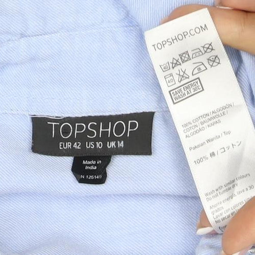 Topshop Women Blue UK 14 Cotton Collared Long Sleeve Button-Up Shirt