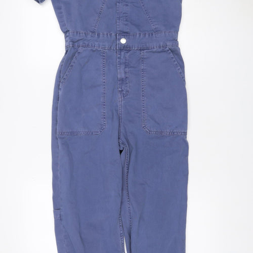Zara Women’s Blue Cotton Utility Jumpsuit Size M Collared Long Sleeve