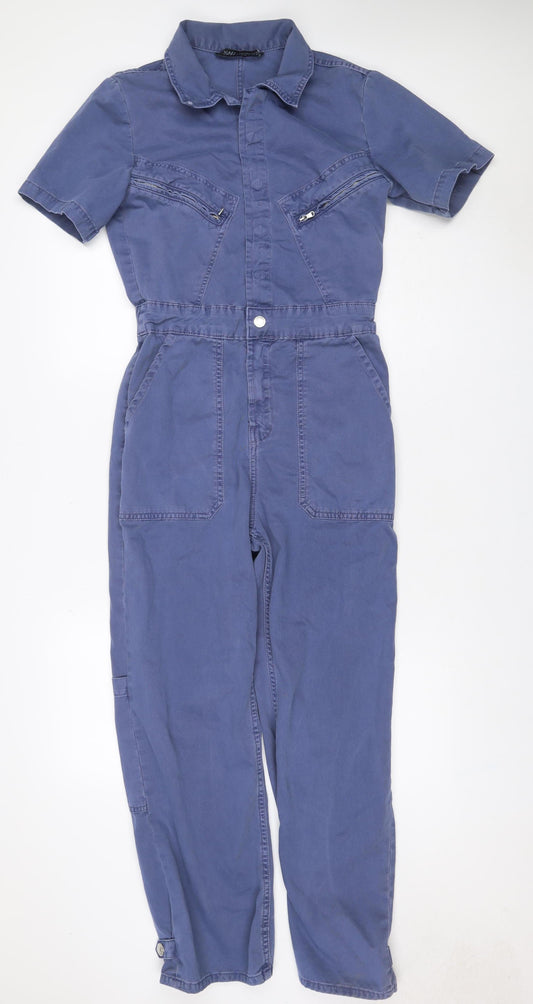 Zara Women’s Blue Cotton Utility Jumpsuit Size M Collared Long Sleeve