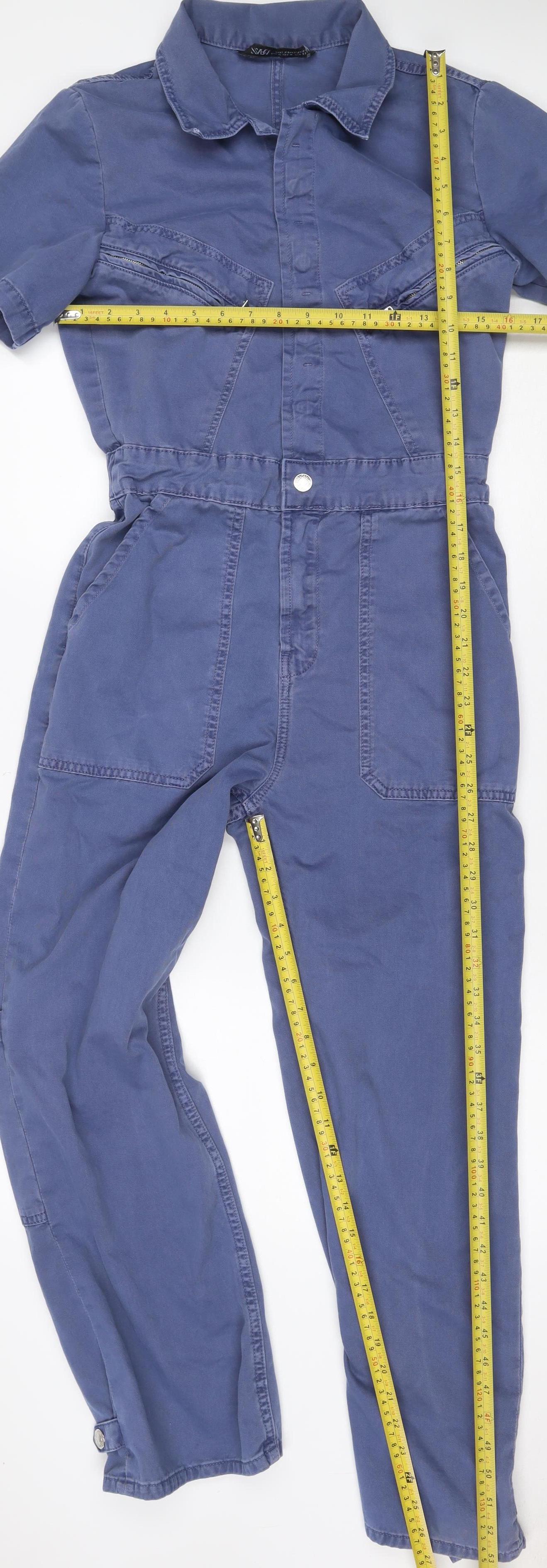 Zara Women’s Blue Cotton Utility Jumpsuit Size M Collared Long Sleeve
