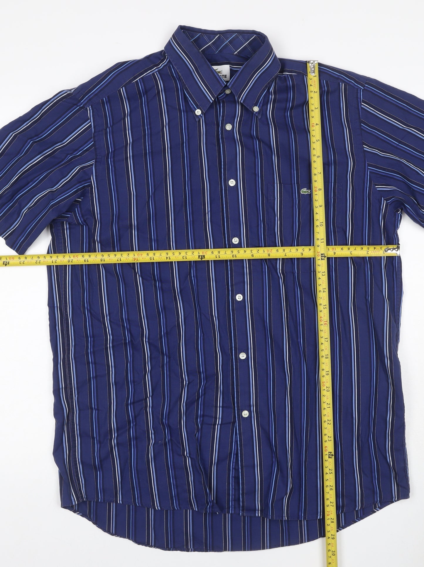 Lacoste Men’s Blue Striped Button Down Short Sleeve Shirt Size 42