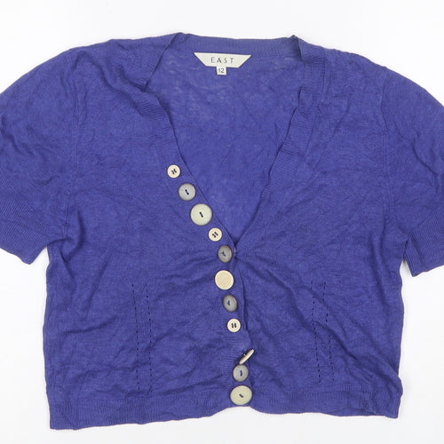 East Women’s Purple Linen Cotton Short Sleeve V-Neck Cardigan Size 12